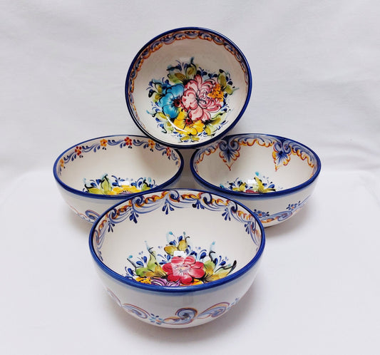 Hand Painted Portuguese Ceramic Bowls, Floral Design, Set of 4