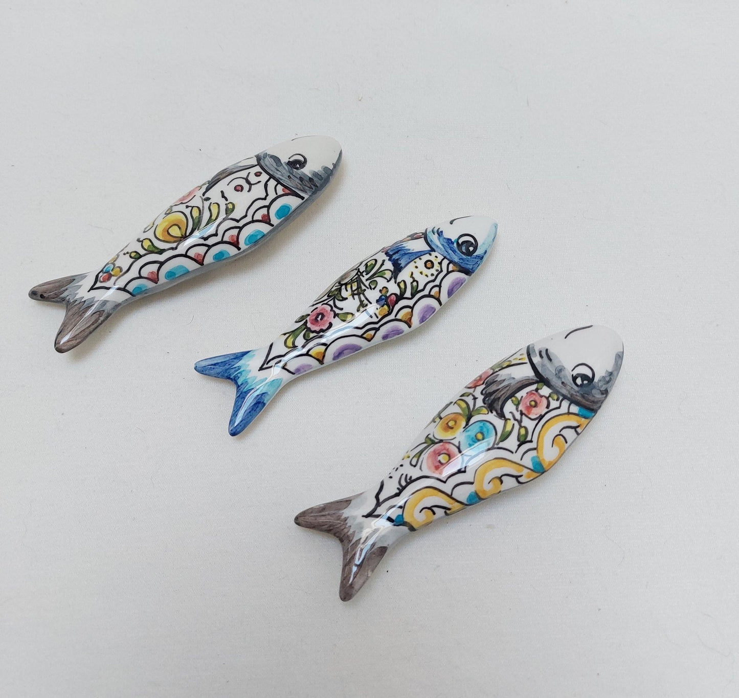 Ceramic sardines set x3, Portuguese ceramic sardines, Hand painted ceramic sardines, Decorative sardines for wall