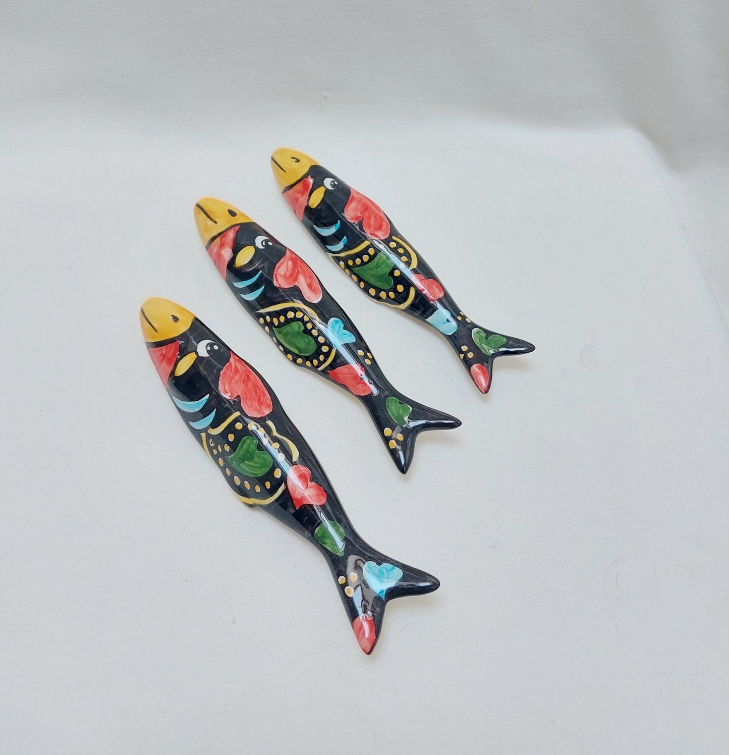 Ceramic sardines set X3, Portuguese ceramic sardines, Hand painted ceramic sardines, Decorative sardines for wall