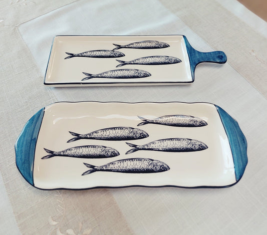 Portuguese ceramic sardines appetizer tray, Ceramic of Portuguese Sardines. hand Painted Snack Tray, Ceramic kitchen snack board,