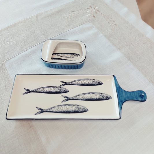 Portuguese ceramic sardines appetizer tray, Ceramic of Portuguese Sardines. Gifts for chefs, Ceramic kitchen snack board, Sardine can