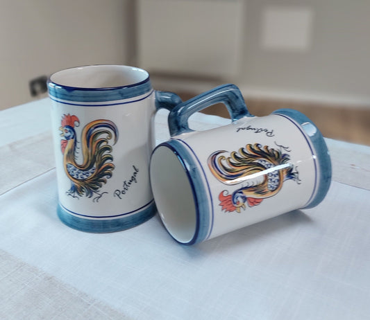 Hand-Painted Ceramic Beer Mug, Portuguese Rooster Design, Set of 2