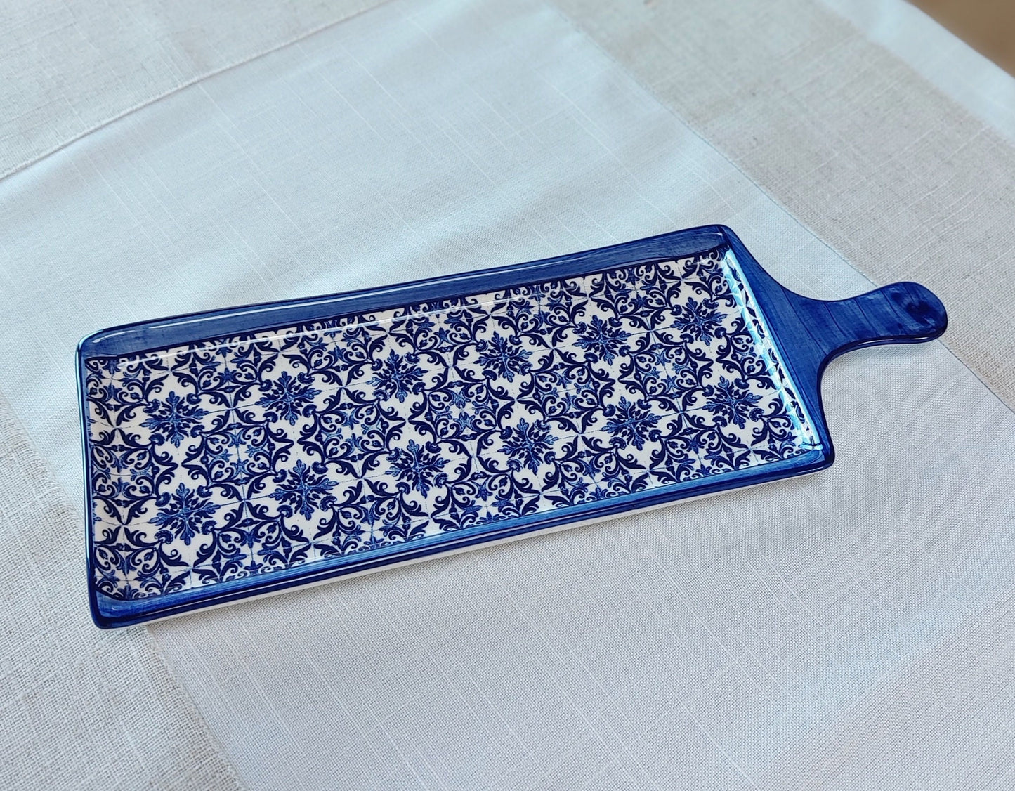 Portuguese Ceramic Appetizer Tray Set, Hand-Painted Cobalt Blue Tiles