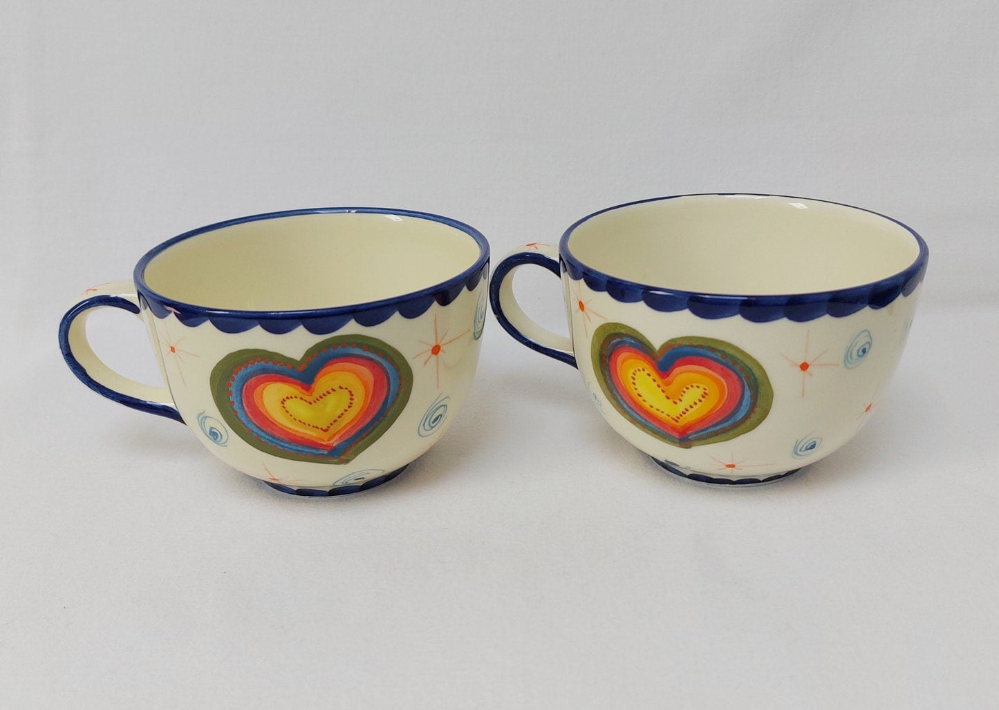 Set x2 Tea, breakfast or coffee cups with saucer. Set of hand-painted Portuguese ceramic cups for coffee or tea. Gifts for couples