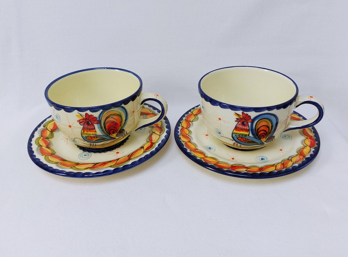 Set x2 Tea, breakfast or coffee cups with saucer. Set of hand-painted Portuguese ceramic cups for coffee or tea. Gifts for couples