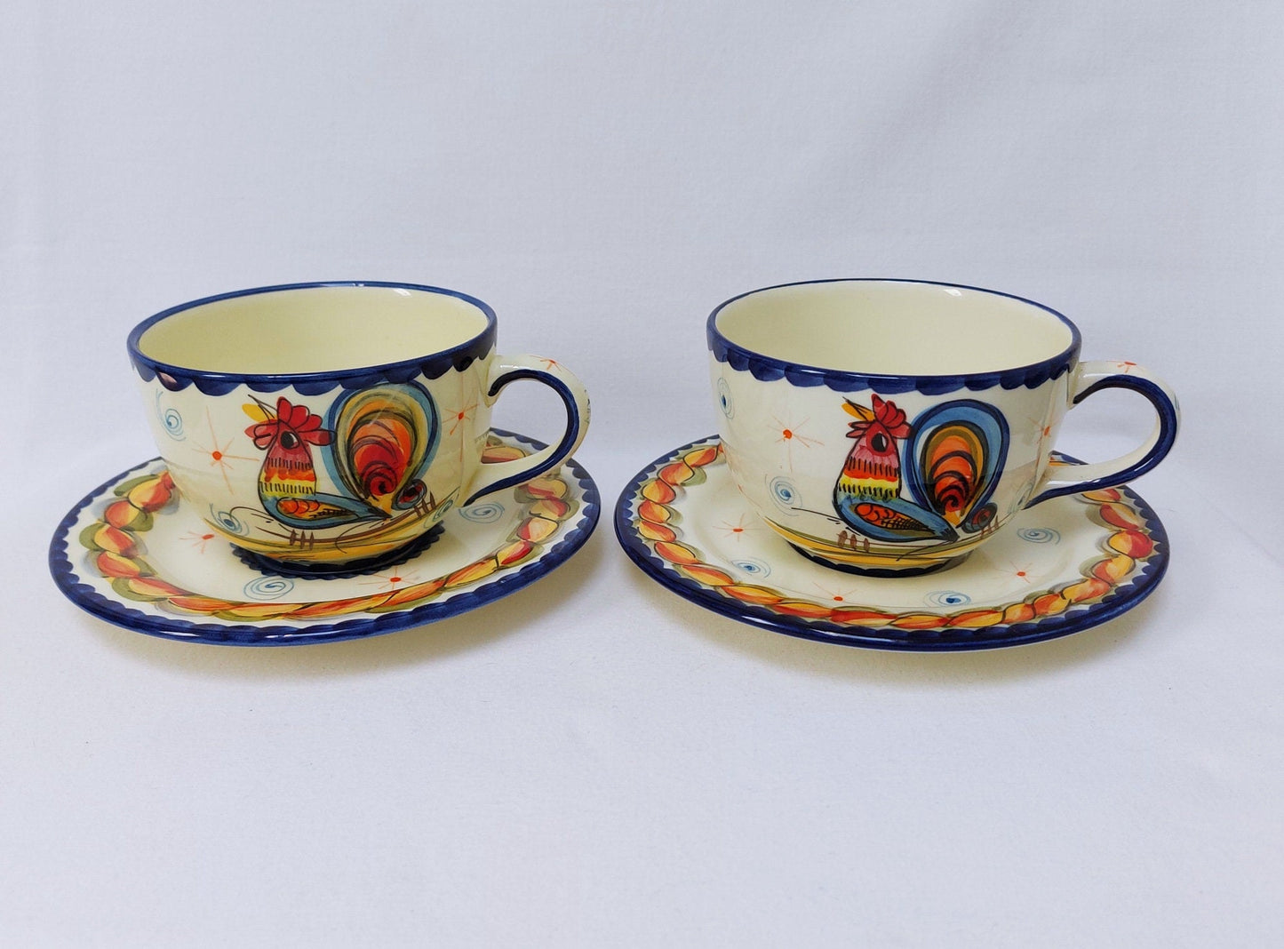 Set x2 Tea, breakfast or coffee cups with saucer. Set of hand-painted Portuguese ceramic cups for coffee or tea. Gifts for couples