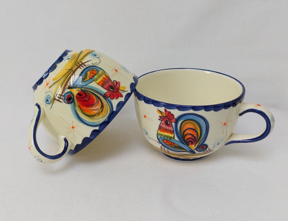 Set x2 Tea, breakfast or coffee cups with saucer. Set of hand-painted Portuguese ceramic cups for coffee or tea. Gifts for couples