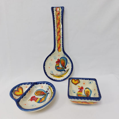 Hand Painted Portuguese Ceramic Set, Rooster Design, Spoon Rest, Olive Dish
