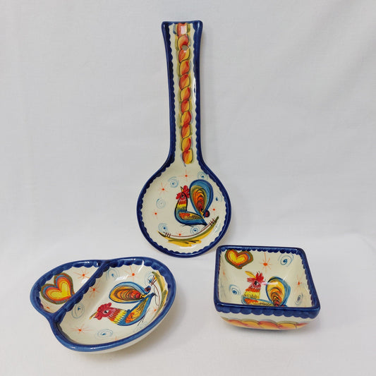 Hand Painted Portuguese Ceramic Set, Rooster Design, Spoon Rest, Olive Dish