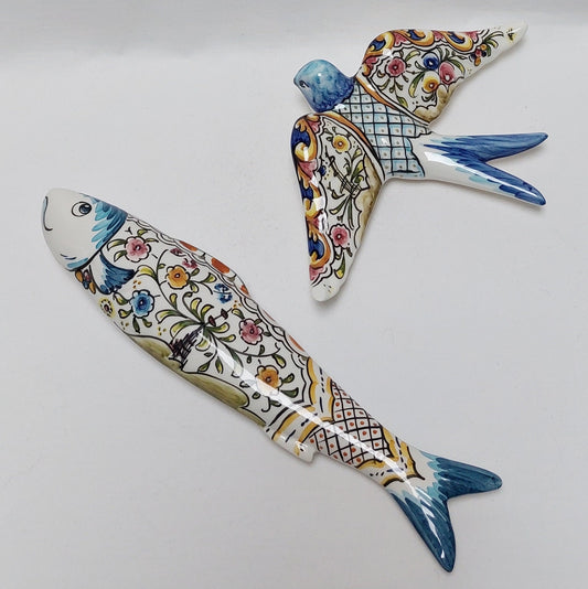 Hand Painted Ceramic Swallow and Sardine Set, Portuguese Wall Decor