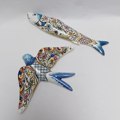 XL Set Ceramic swallow + Sardine hand painted, Portuguese ceramic swallow, Portuguese Sardines, Wall Decor ,Hand painted swallows sardines.