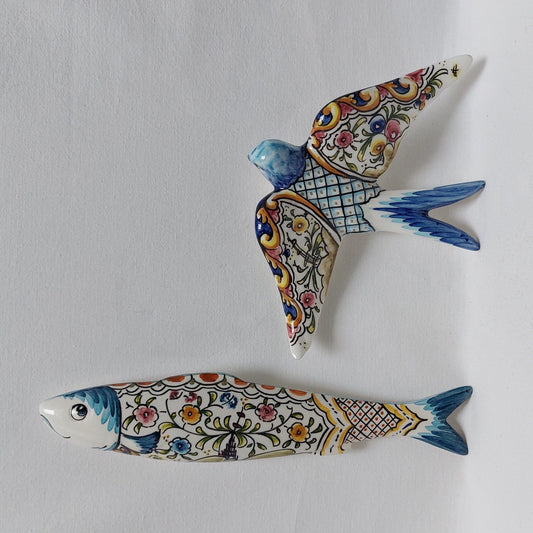 XL Set Ceramic swallow + Sardine hand painted, Portuguese ceramic swallow, Portuguese Sardines, Wall Decor ,Hand painted swallows sardines.