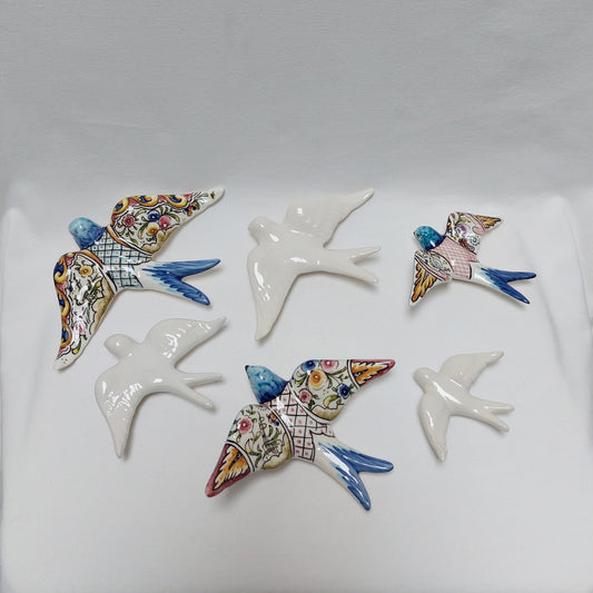 6 Piece Hand-Painted Ceramic Swallow Wall Decor, Portuguese Style