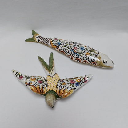 XL Set Ceramic swallow + Sardine hand painted, Portuguese ceramic swallow, Portuguese Sardines, Hand painted ceramic swallows and sardines.