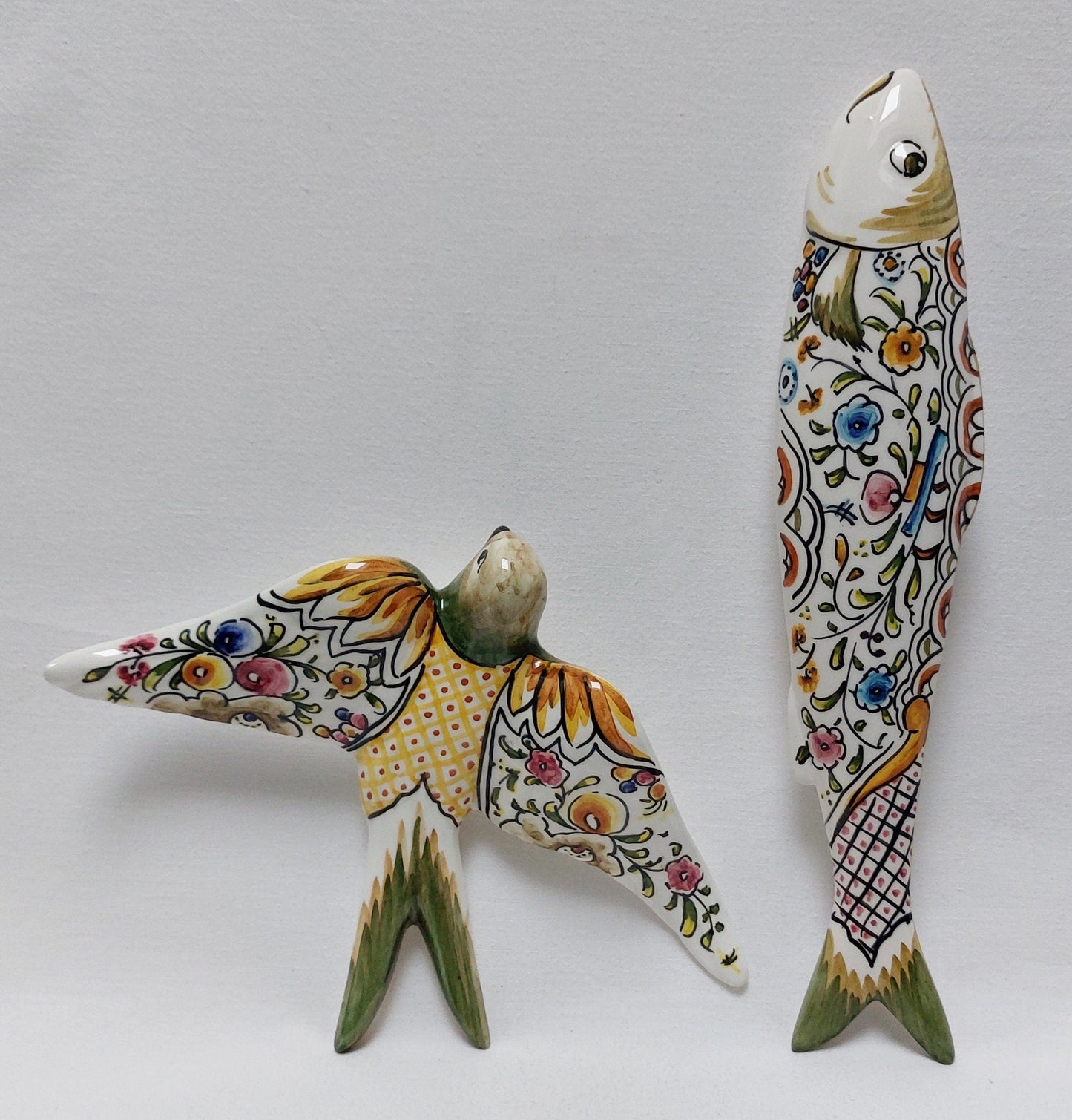 XL Set Ceramic swallow + Sardine hand painted, Portuguese ceramic swallow, Portuguese Sardines, Hand painted ceramic swallows and sardines.