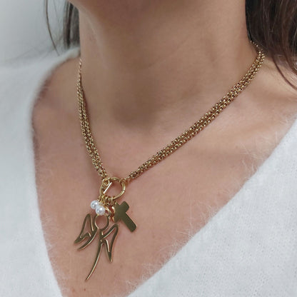 Angel & Cross Charm Necklace, Stainless Steel Double Chain