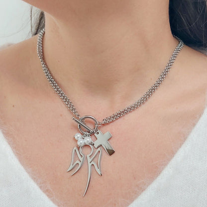 Angel & Cross Charm Necklace, Stainless Steel Double Chain