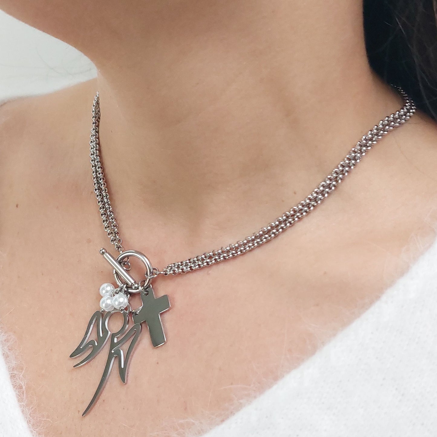 Angel & Cross Charm Necklace, Stainless Steel Double Chain