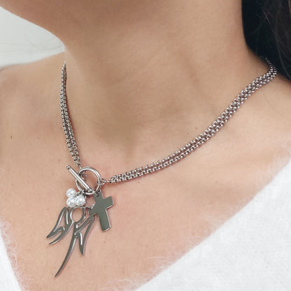 Angel & Cross Charm Necklace, Stainless Steel Double Chain