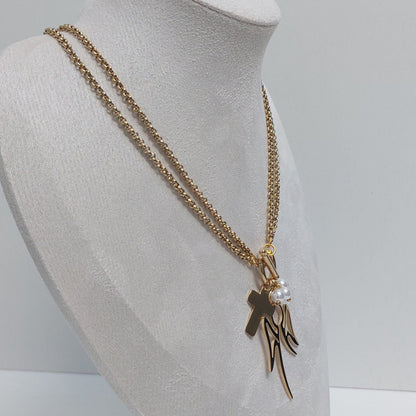 Angel & Cross Charm Necklace, Stainless Steel Double Chain