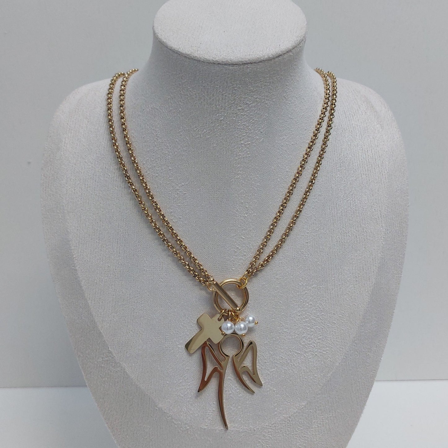 Angel & Cross Charm Necklace, Stainless Steel Double Chain