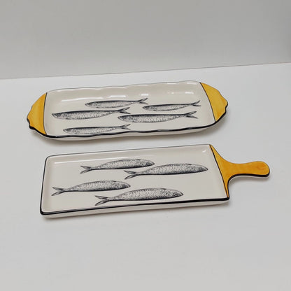 Set x2 Portuguese ceramic sardines appetizer tray, Ceramic of Portuguese Sardines. Hand Painted Tray, Ceramic snack board, Portuguese Gift