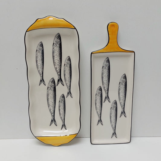 Set x2 Portuguese ceramic sardines appetizer tray, Ceramic of Portuguese Sardines. Hand Painted Tray, Ceramic snack board, Portuguese Gift