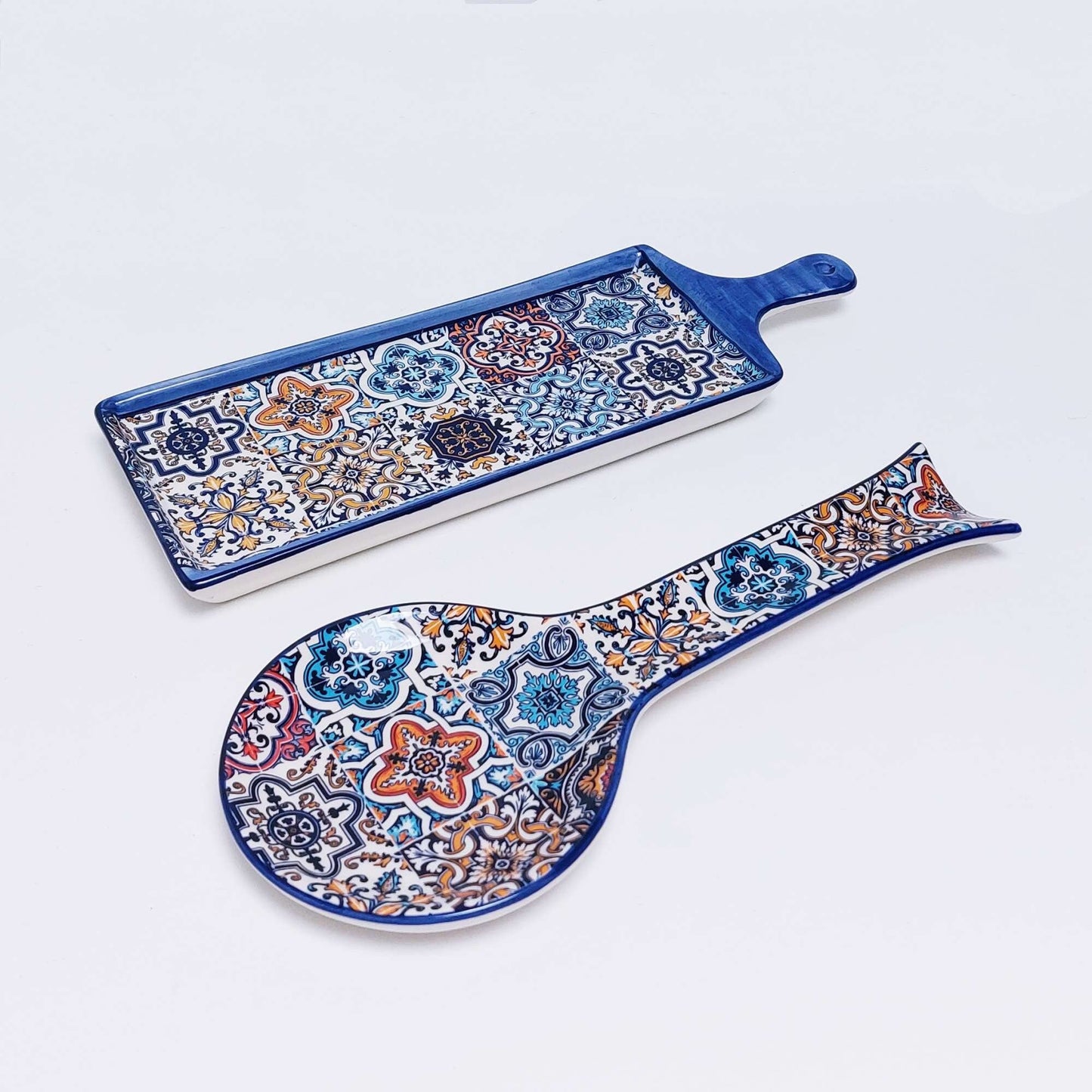 Set x2 Portuguese Ceramic Tiles Snack tray, Ceramic of Portuguese Tiles spoon rest. Hand Painted Tray, Ceramic snack, Portuguese cheese dish