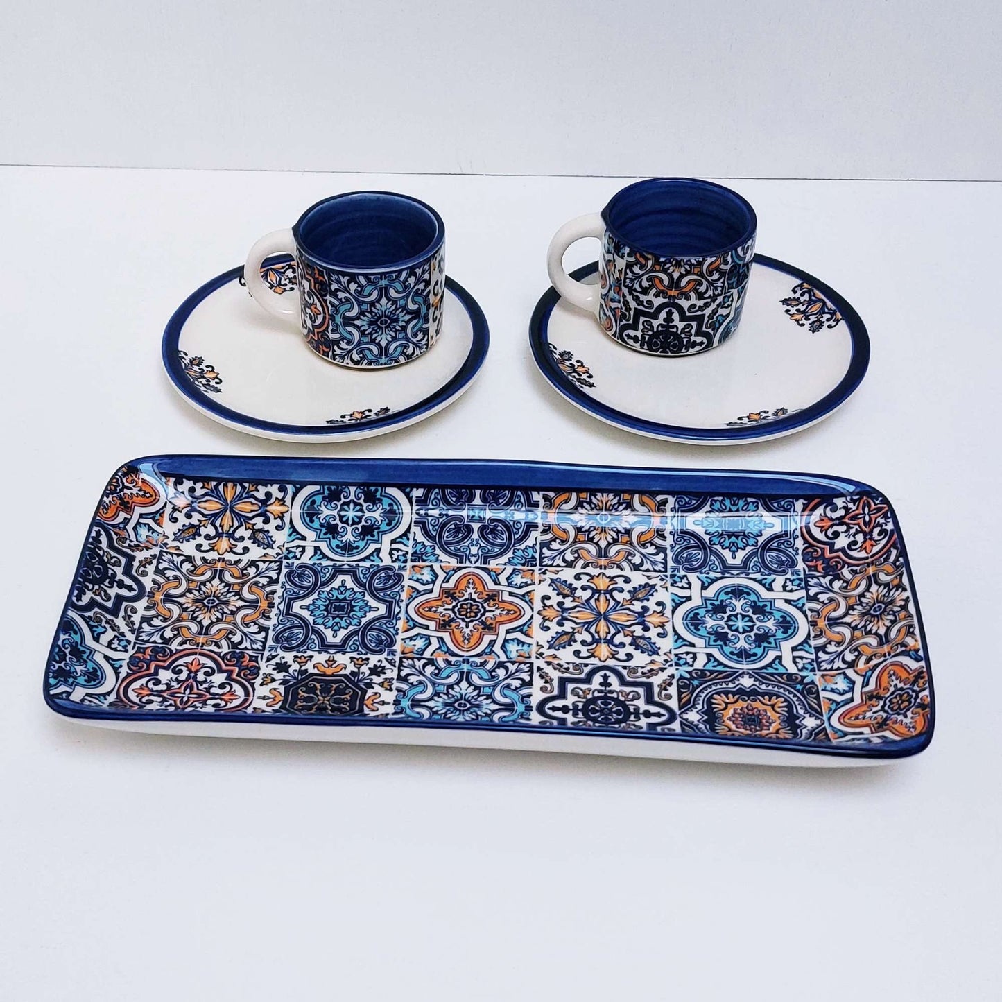 Set x2 mug + saucer ceramic + tray | Set of hand-painted Portuguese ceramic cup for coffee. Portuguese Gifts Handmade