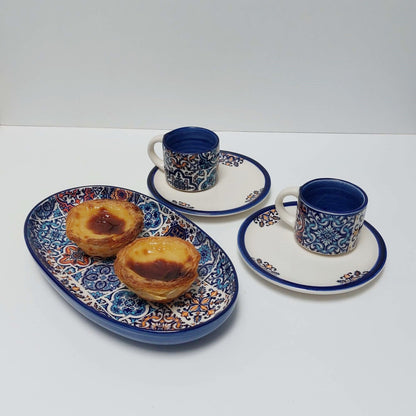 Set x2 mug + saucer ceramic + tray | Set of hand-painted Portuguese ceramic cup for coffee. Portuguese Gifts Handmade