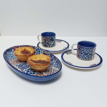 Set x2 mug + saucer ceramic + tray | Set of hand-painted Portuguese ceramic cup for coffee. Portuguese Gifts Handmade