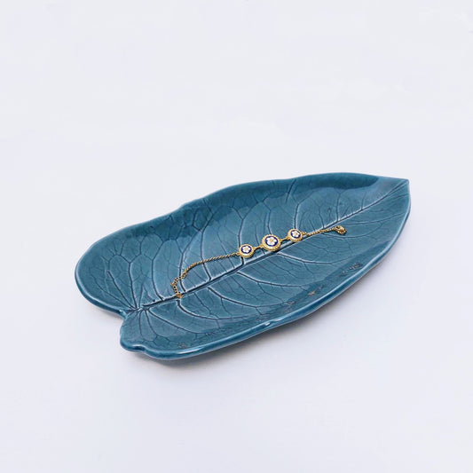 Blue Ceramic Leaf Tray, Jewelry Dish, Decorative Keys Tray