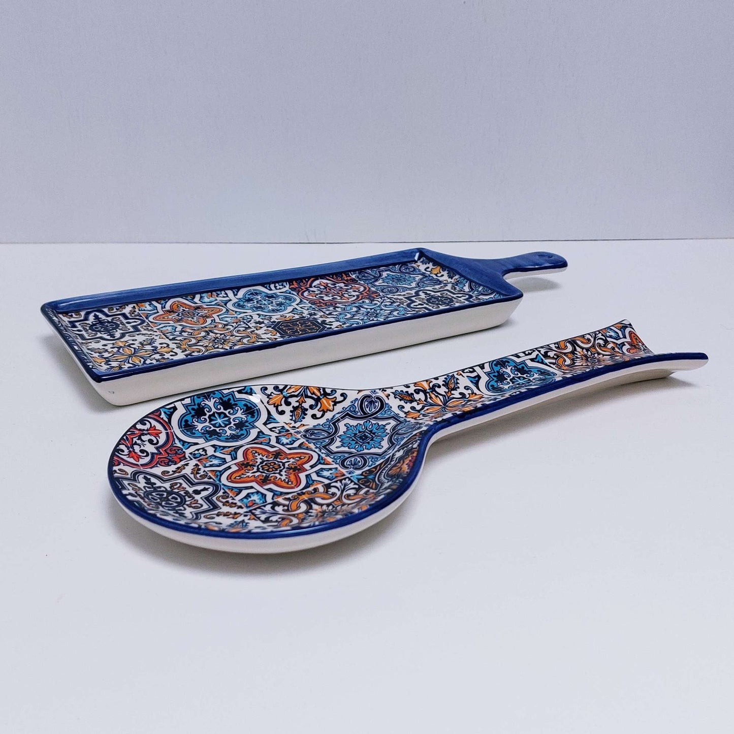 Set x2 Portuguese Ceramic Tiles Snack tray, Ceramic of Portuguese Tiles spoon rest. Hand Painted Tray, Ceramic snack, Portuguese cheese dish