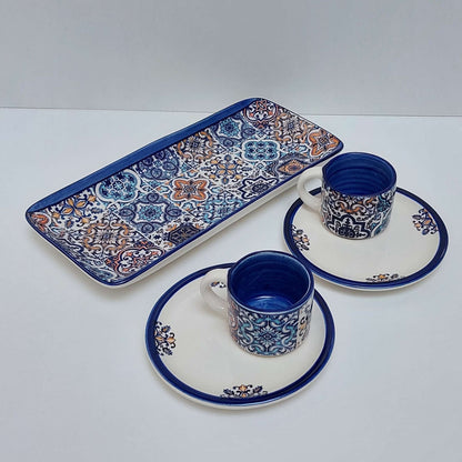 Set x2 mug + saucer ceramic + tray | Set of hand-painted Portuguese ceramic cup for coffee. Portuguese Gifts Handmade