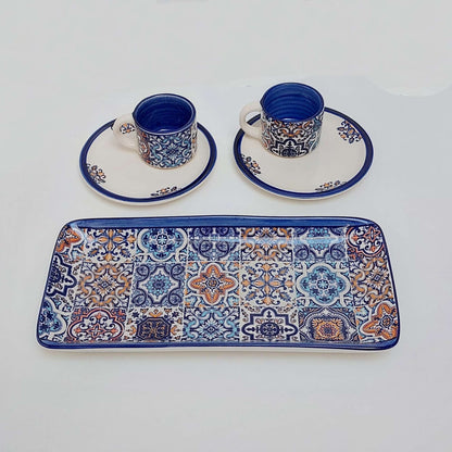 Set x2 mug + saucer ceramic + tray | Set of hand-painted Portuguese ceramic cup for coffee. Portuguese Gifts Handmade