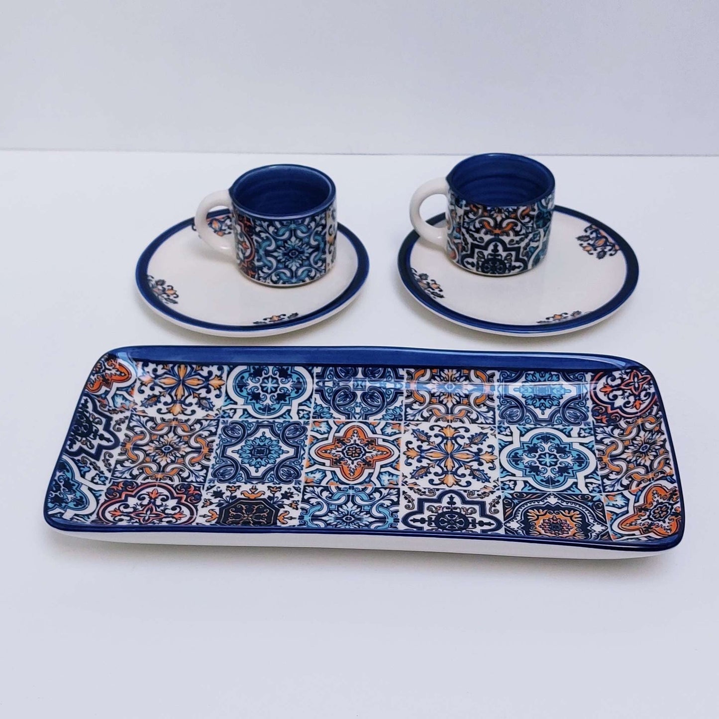 Set x2 mug + saucer ceramic + tray | Set of hand-painted Portuguese ceramic cup for coffee. Portuguese Gifts Handmade