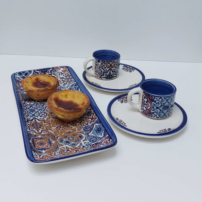 Set x2 mug + saucer ceramic + tray | Set of hand-painted Portuguese ceramic cup for coffee. Portuguese Gifts Handmade