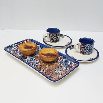 Set x2 mug + saucer ceramic + tray | Set of hand-painted Portuguese ceramic cup for coffee. Portuguese Gifts Handmade