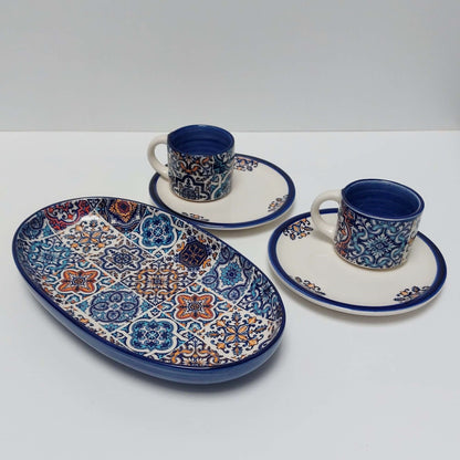 Set x2 mug + saucer ceramic + tray | Set of hand-painted Portuguese ceramic cup for coffee. Portuguese Gifts Handmade