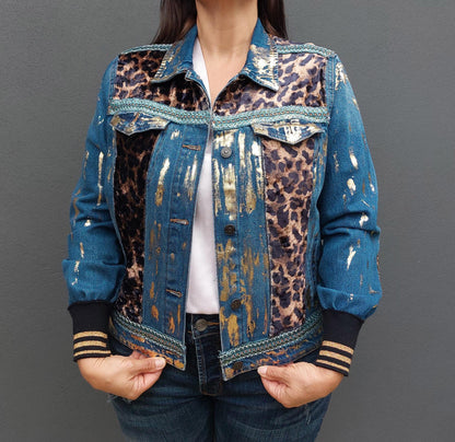 Customised denim jacket with metallic efects| Animal print Hand made Customized Denim Jacket|Denim jacket leopard design | Christmas gifts
