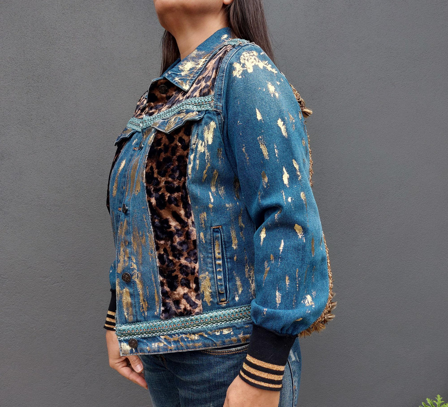 Customised denim jacket with metallic efects| Animal print Hand made Customized Denim Jacket|Denim jacket leopard design | Christmas gifts