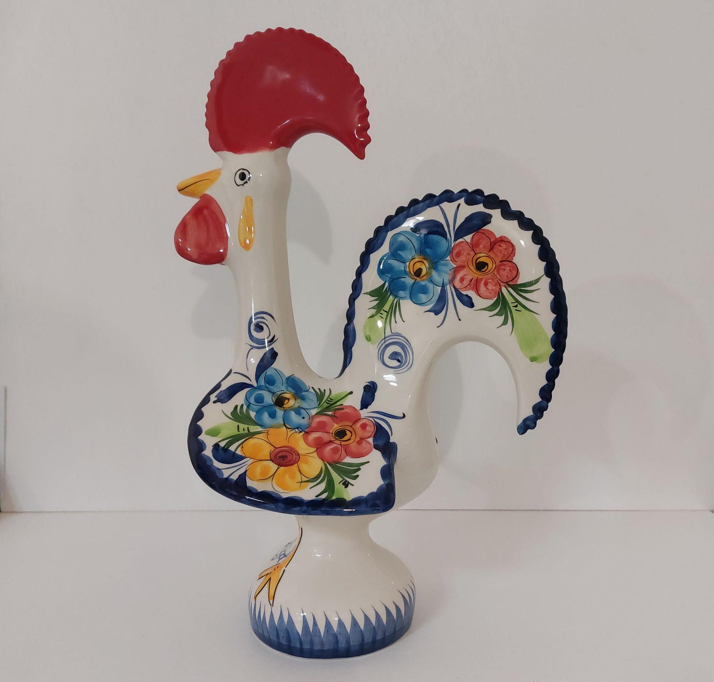 Handmade Large Portuguese Barcelos Rooster, Ceramic Lucky Figurine