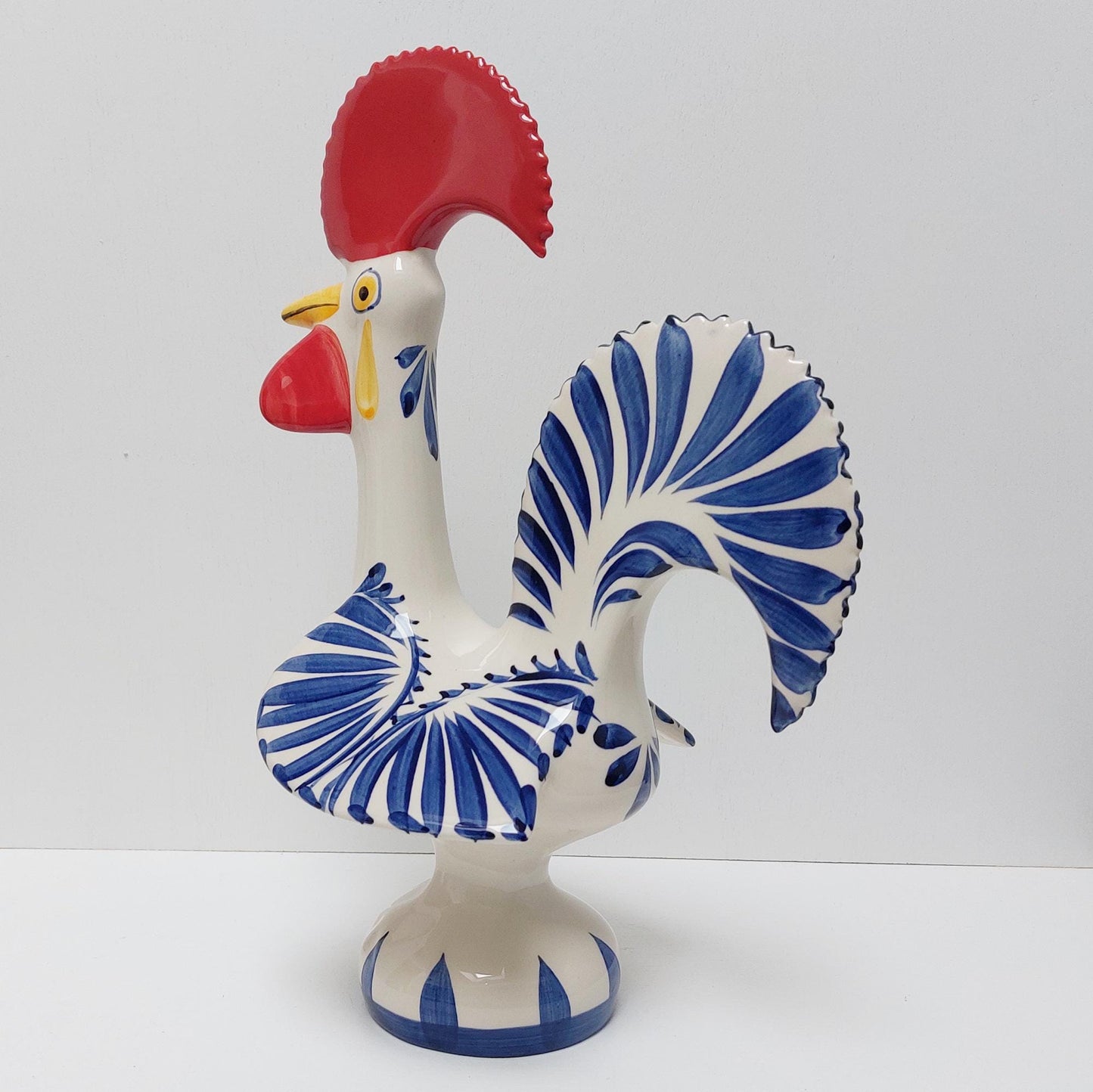 Hand-Painted Ceramic Portuguese Rooster Figurine, White and Blue Cobalt, Size L