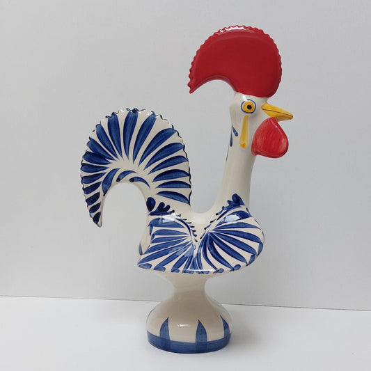 Hand-Painted Ceramic Portuguese Rooster Figurine, White and Blue Cobalt, Size L