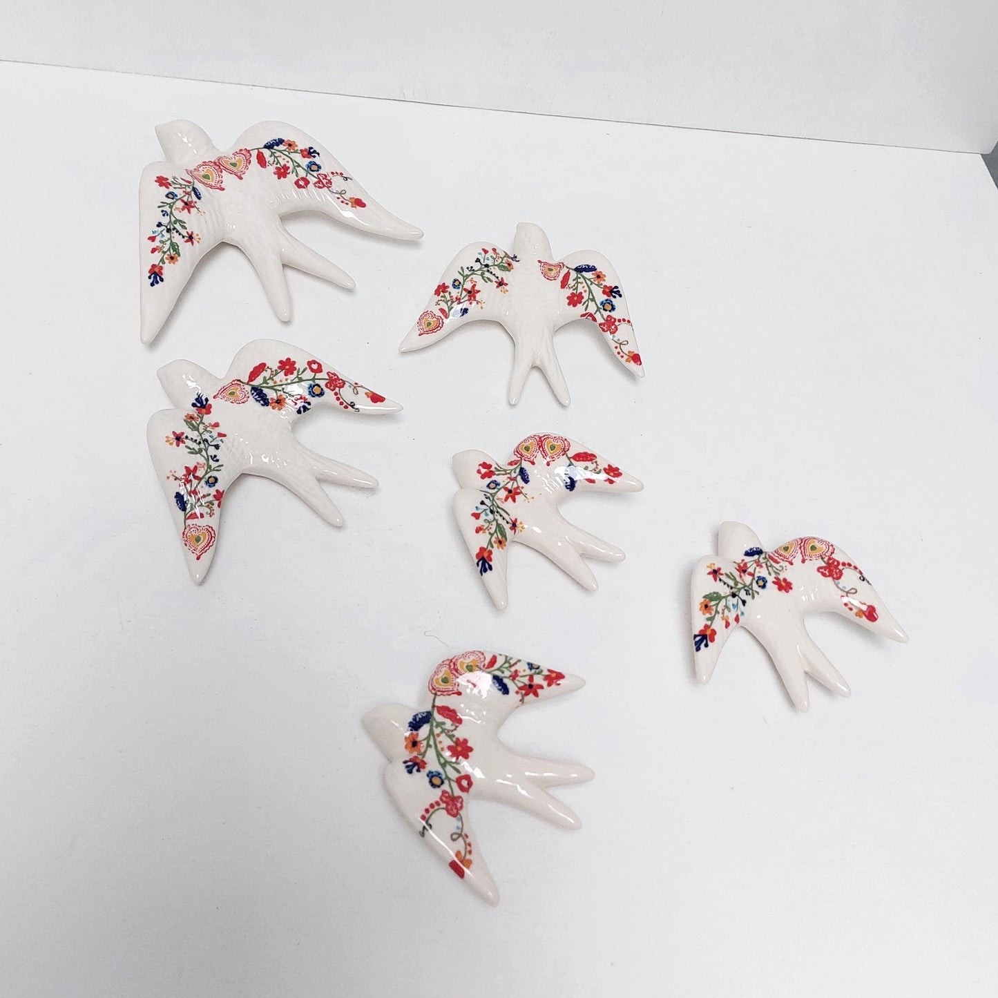 Hand-Painted Ceramic Swallow Wall Decor, Portuguese Floral Design, Set of 6