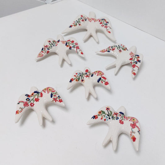 Hand-Painted Ceramic Swallow Wall Decor, Portuguese Floral Design, Set of 6