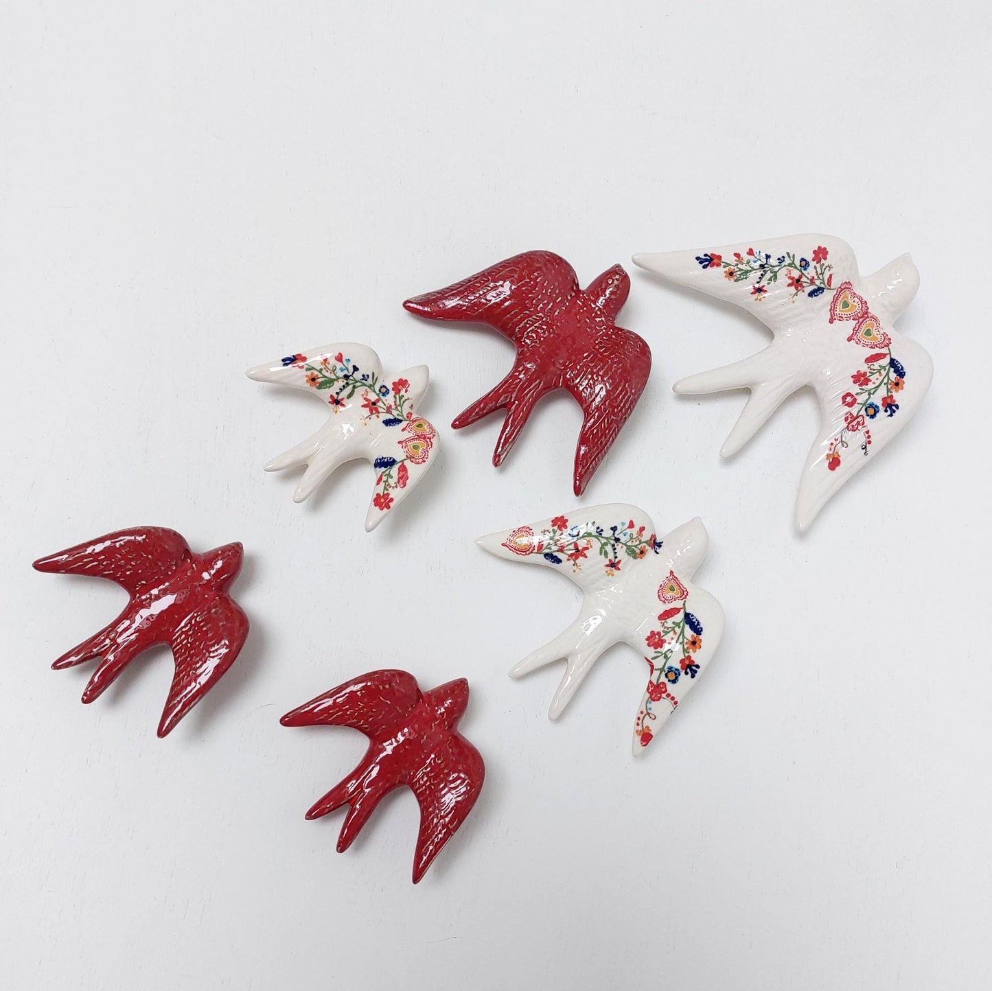 Hand-Painted Ceramic Swallow Wall Decor, Portuguese Folk Art, Set of 6