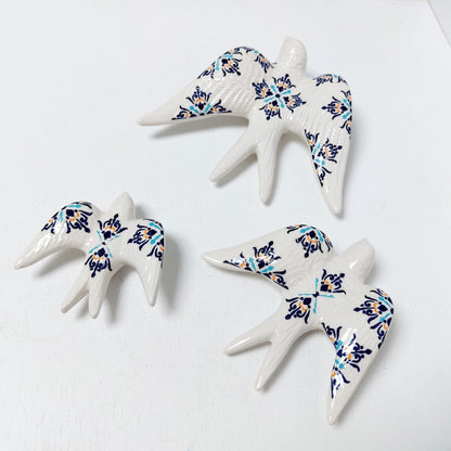 Hand-Painted Ceramic Swallow Wall Decor, Portuguese Azulejo Tile Design, Set of 3