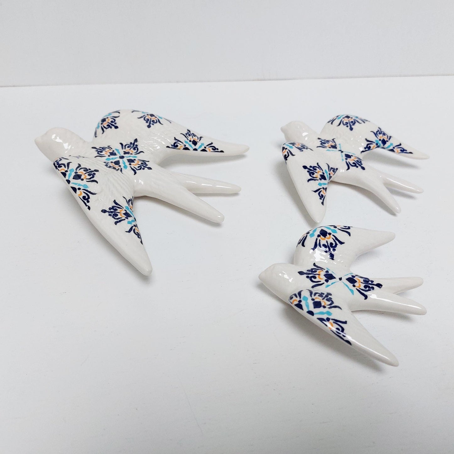 Hand-Painted Ceramic Swallow Wall Decor, Portuguese Azulejo Tile Design, Set of 3