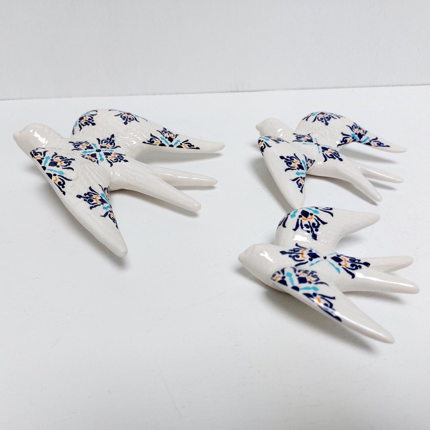 Hand-Painted Ceramic Swallow Wall Decor, Portuguese Azulejo Tile Design, Set of 3
